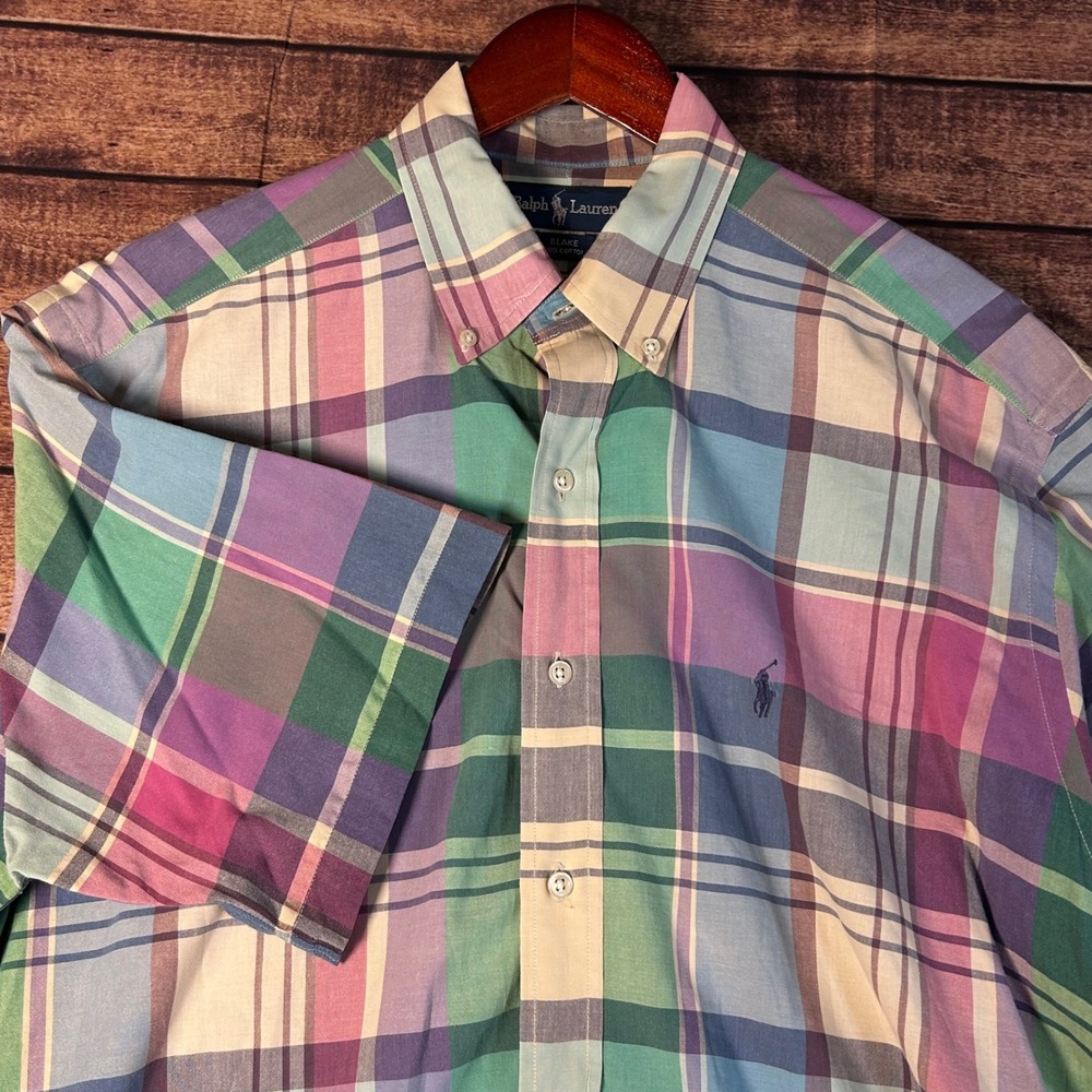 VTG Ralph Lauren Blake Mens L Madras Plaid Short Sleeve Button Down Shirt 90s